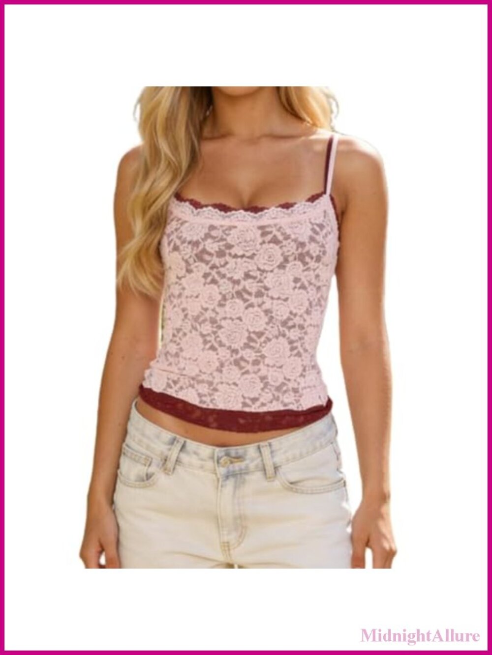 Y2K Lace Trim Camisole Spaghetti Strap Square Neck Sleeveless Slim Fitted Going